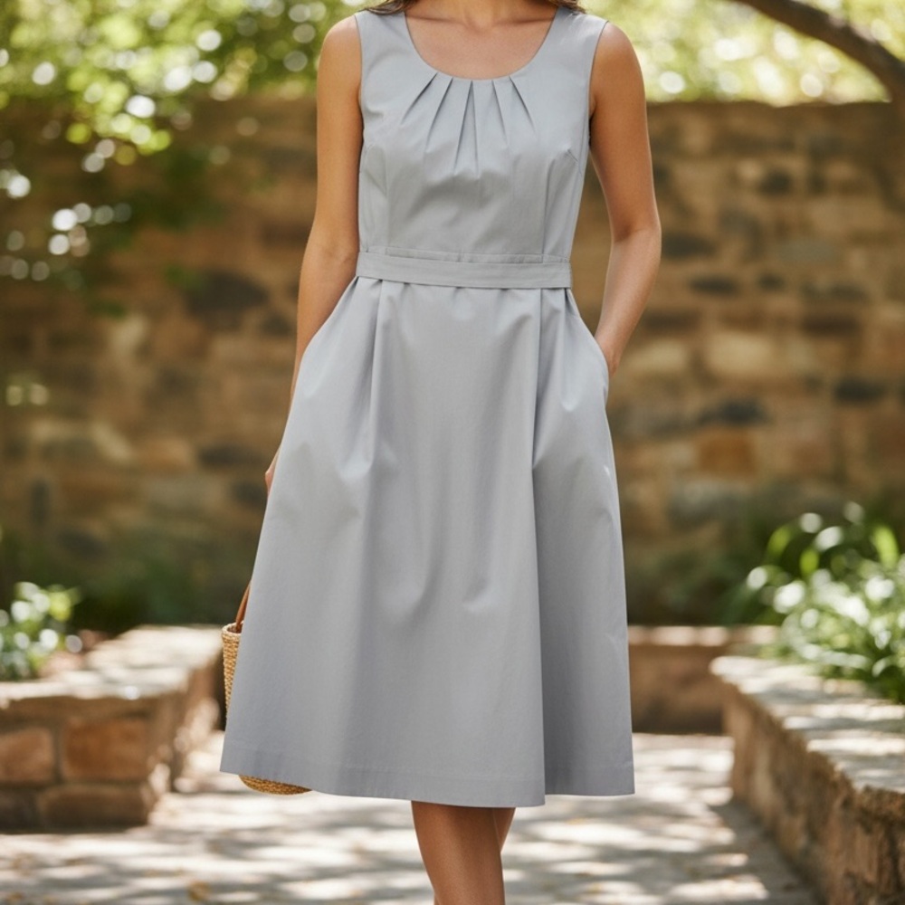 Ann Taylor Light Gray Belted Sheath Dress Pleated Scoop Neck Size 2